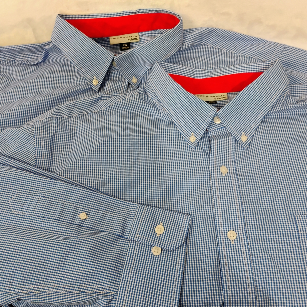 2 Doc & Amelia Cintas Mens 2XL Blue White Gingham Check Button Shirt XXL Lot B
